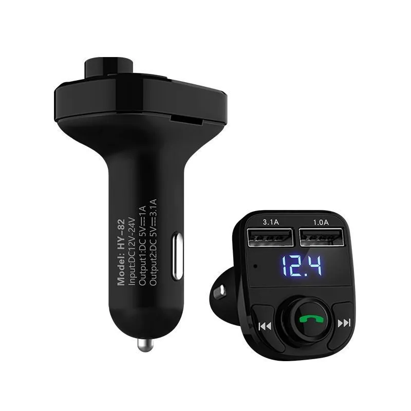 HY82 Car MP3 Bluetooth player unit for cigarette lighter socket with dual USB ports.