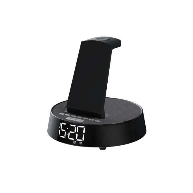 Wireless Bluetooth speaker alarm clock with phone holder in creamy-white colour on a wooden bedside table