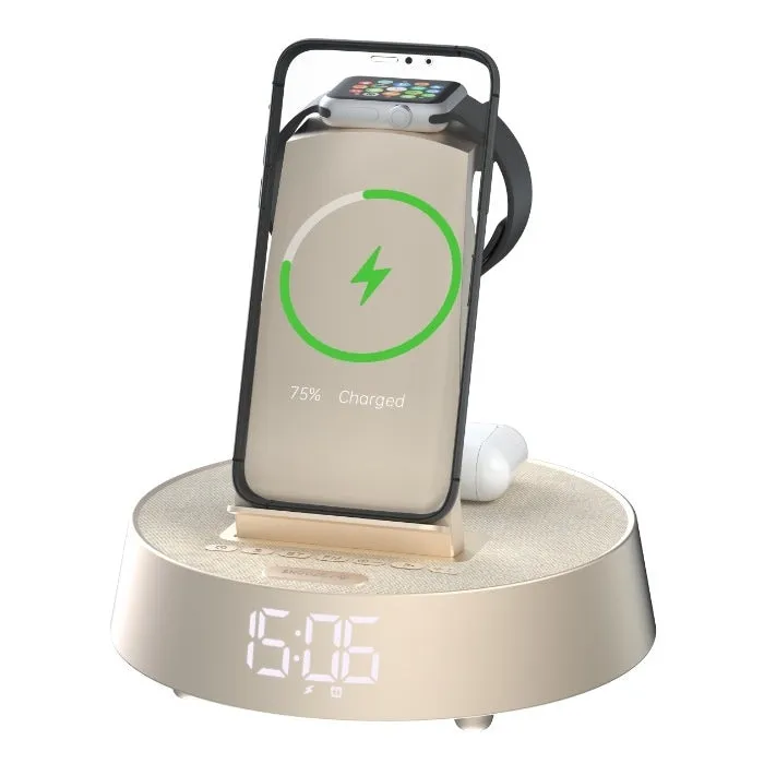 Wireless Bluetooth speaker alarm clock with phone holder in creamy-white colour on a wooden bedside table