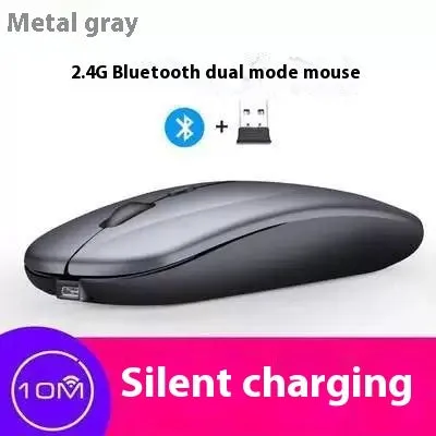 Bluetooth dual-mode wireless mouse with USB receiver and charging cable in grey finish