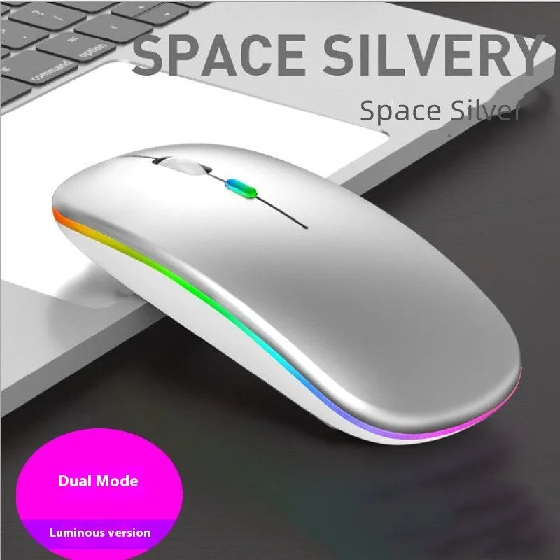 Bluetooth dual-mode wireless mouse with USB receiver and charging cable in grey finish