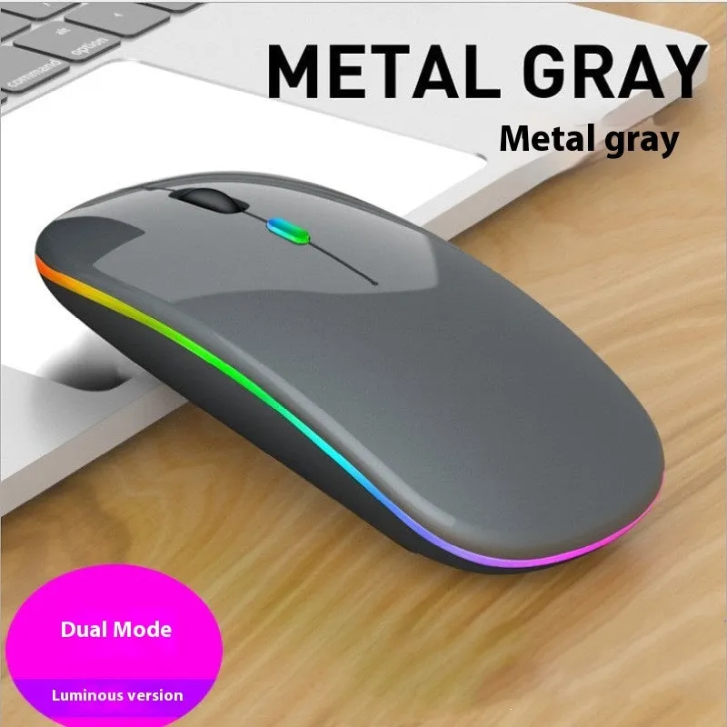 Bluetooth dual-mode wireless mouse with USB receiver and charging cable in grey finish
