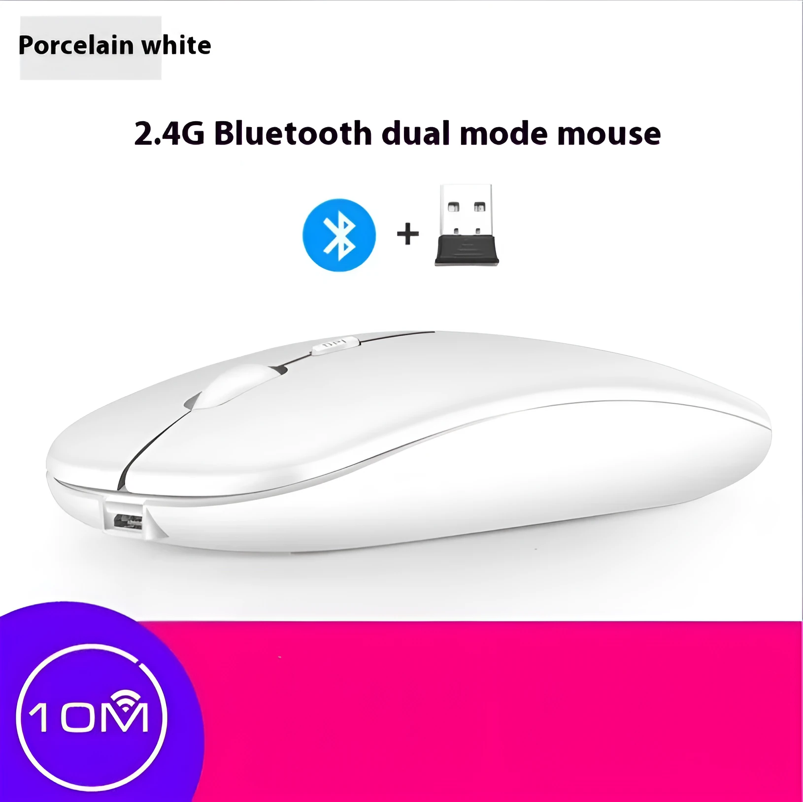 Bluetooth dual-mode wireless mouse with USB receiver and charging cable in grey finish