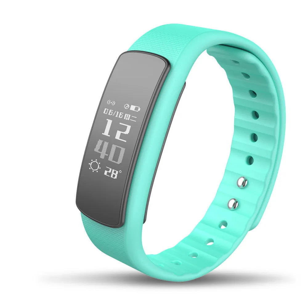 I6 smart sports bracelet with 0.96-inch touch screen shown in black or green colours on wrist