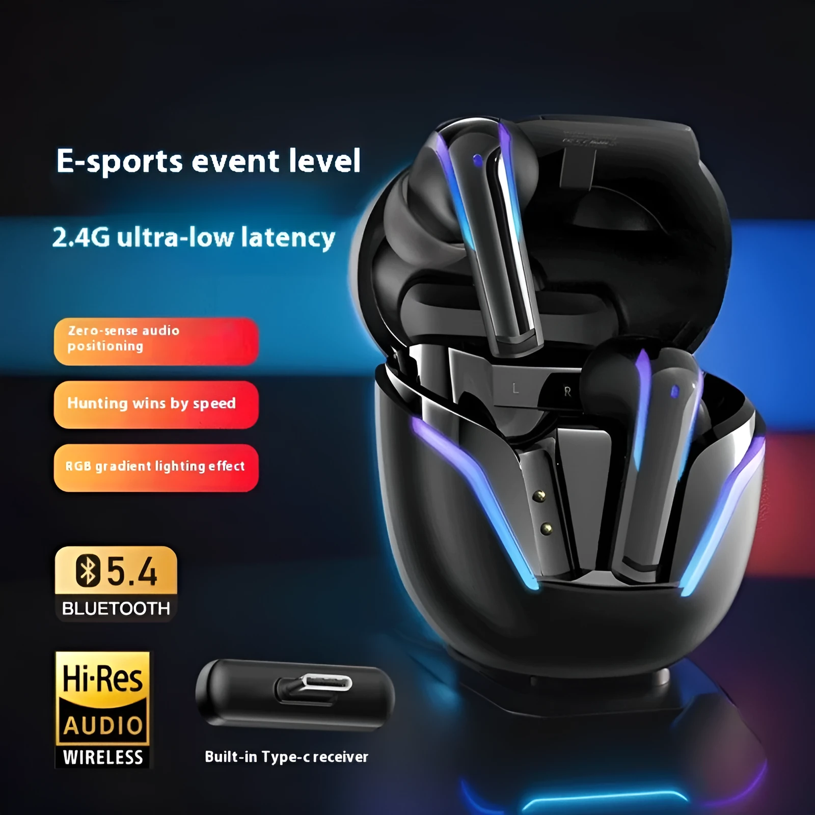 GameBuds G7 StarCraft Black wireless earbuds with gradient breathing light and 2.4G receiver