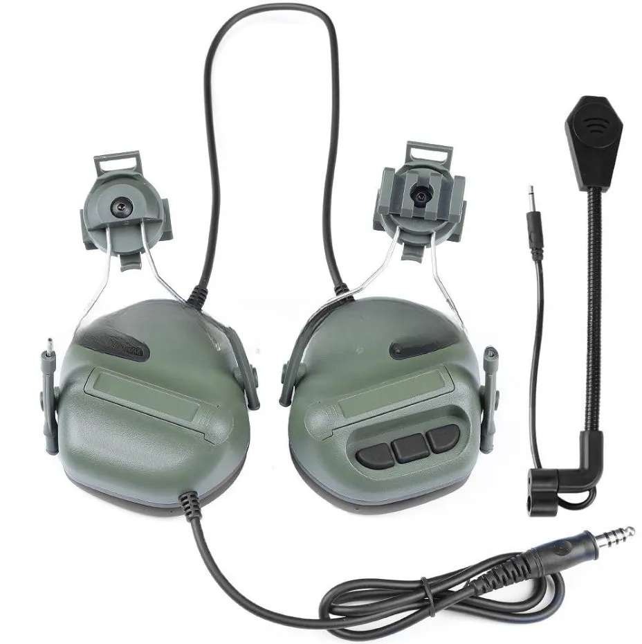 Helmet-style tactical headset with fifth generation chip noise reduction in black colour