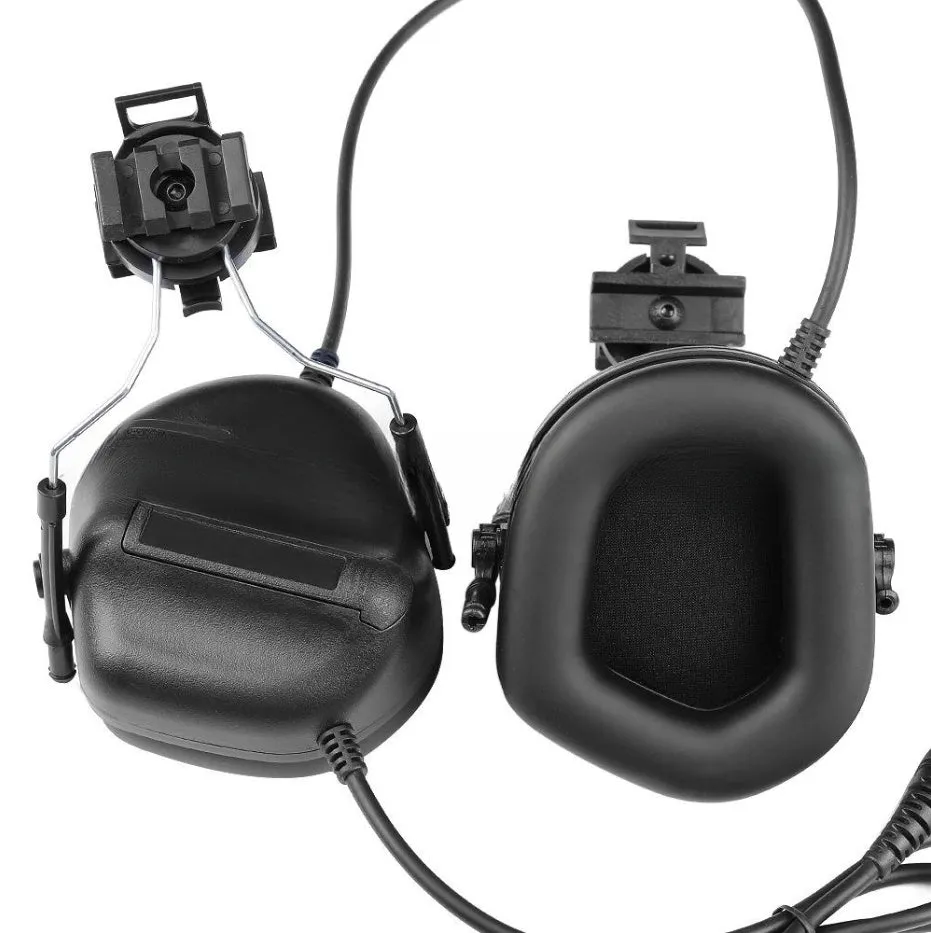 Helmet-style tactical headset with fifth generation chip noise reduction in black colour