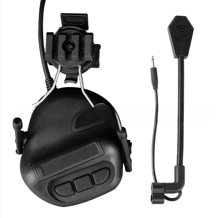 Helmet-style tactical headset with fifth generation chip noise reduction in black colour
