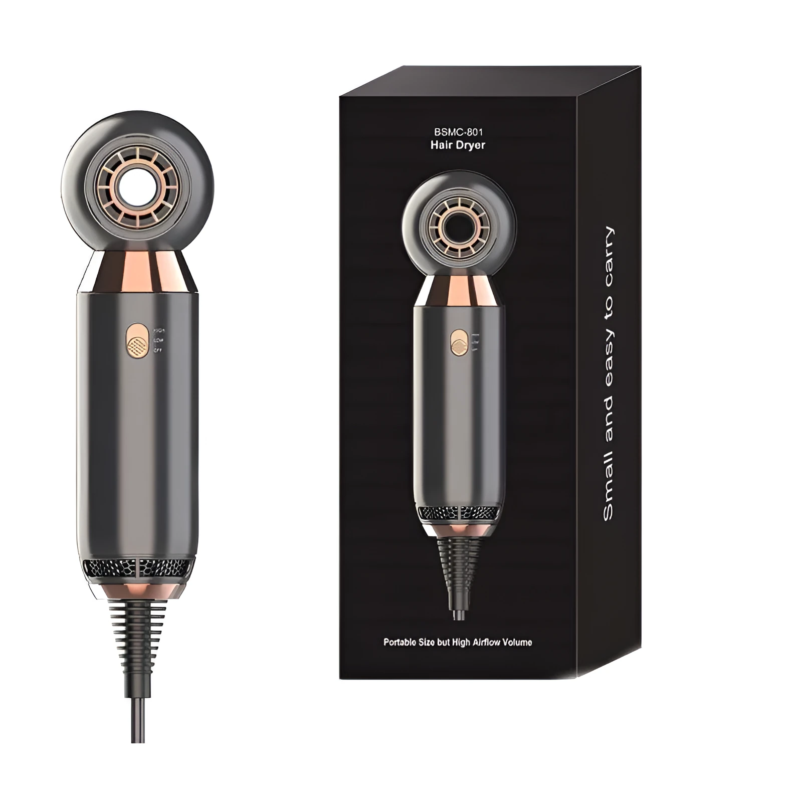 Compact white hair dryer with concentrator attachment measuring 20cm long
