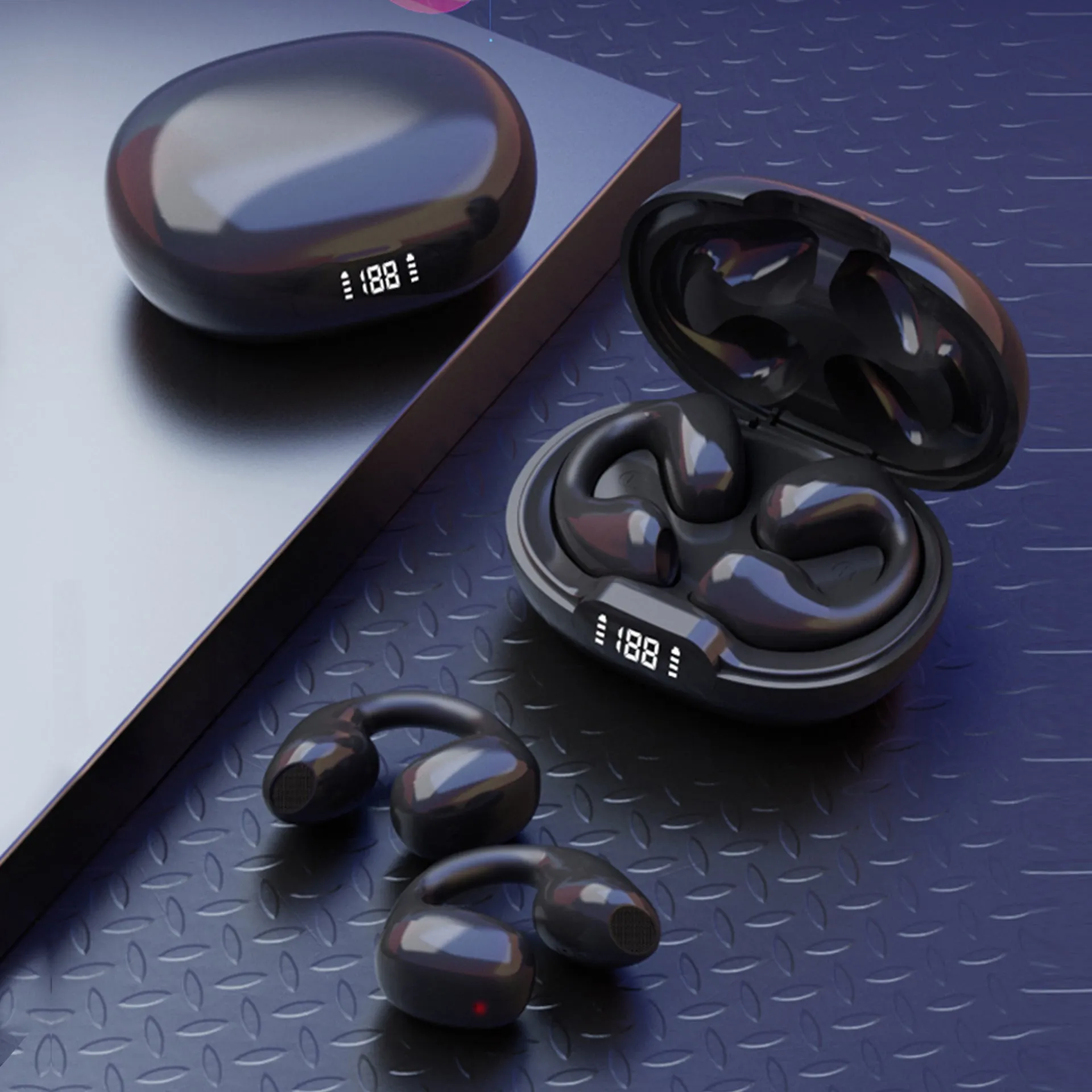 Wireless clip ear bone conduction Bluetooth headset in black with clip ear design and PVS cable
