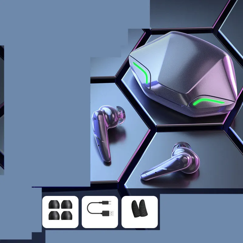 A wireless Bluetooth gaming headset with earpieces, a compact charging cabin, USB cable, and four interchangeable headset caps.