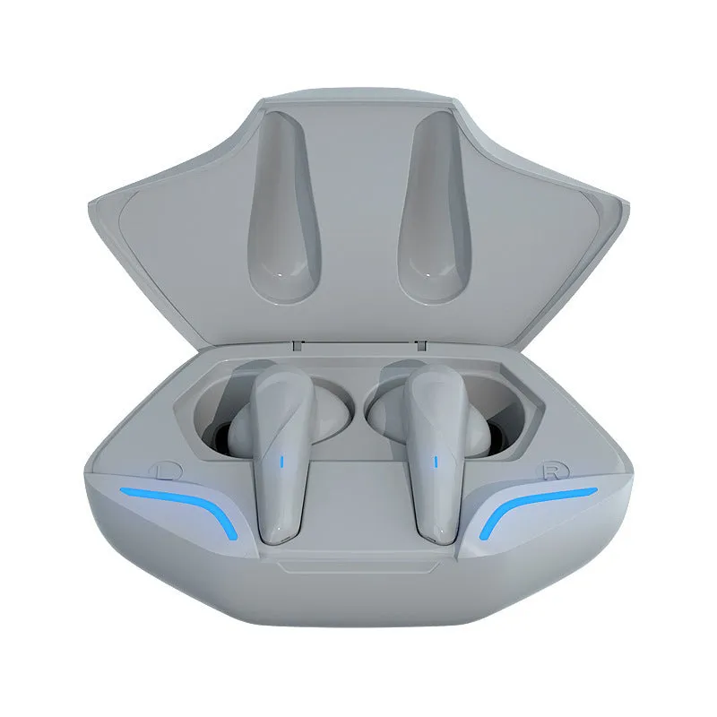 A wireless Bluetooth gaming headset with earpieces, a compact charging cabin, USB cable, and four interchangeable headset caps.