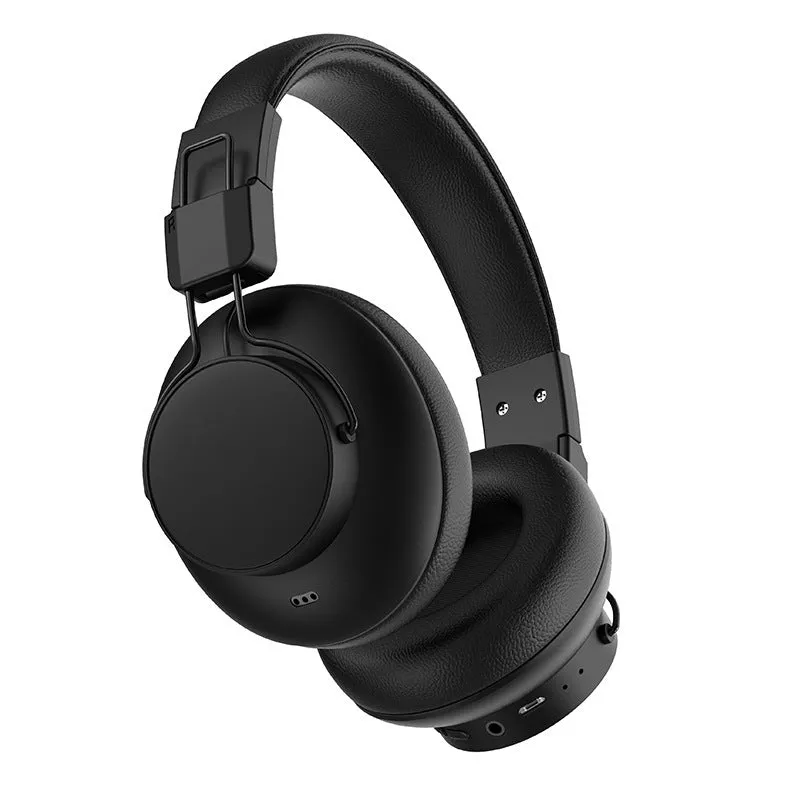 Black Bluetooth ANC wireless folding headset with microphone on a plain background