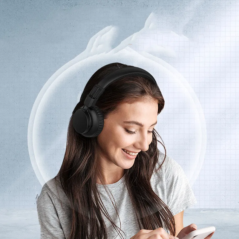 Black Bluetooth ANC wireless folding headset with microphone on a plain background