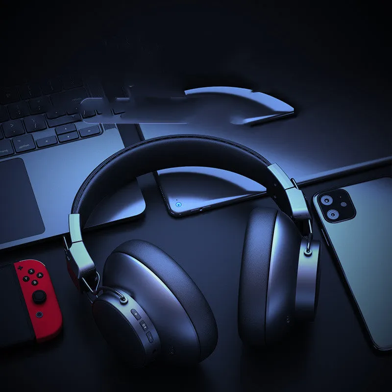 Black Bluetooth ANC wireless folding headset with microphone on a plain background