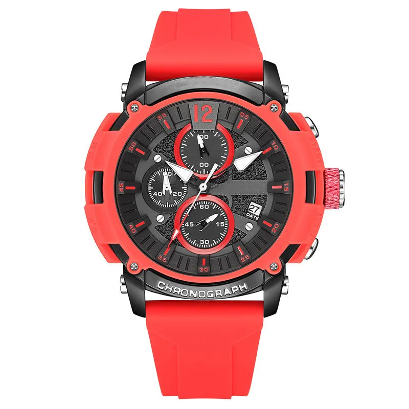 Men's digital quartz watch with a 51mm case, showing luminous display and calendar function, on a coloured band.