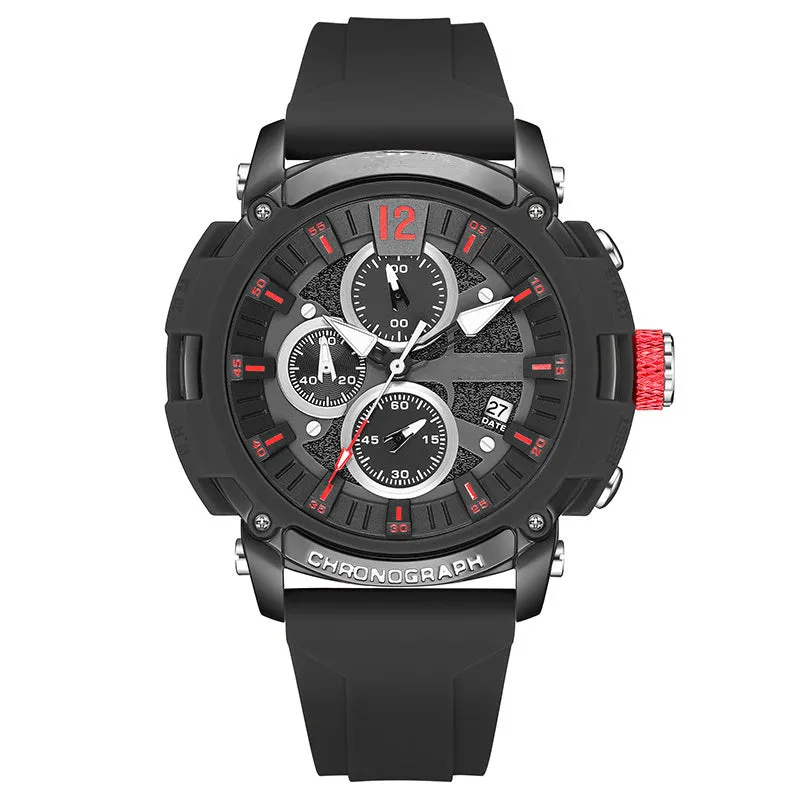 Men's digital quartz watch with a 51mm case, showing luminous display and calendar function, on a coloured band.