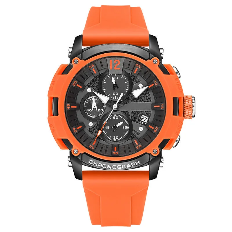 Men's digital quartz watch with a 51mm case, showing luminous display and calendar function, on a coloured band.