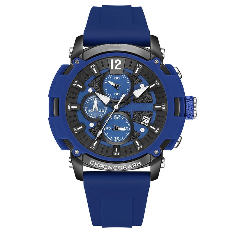 Men's digital quartz watch with a 51mm case, showing luminous display and calendar function, on a coloured band.