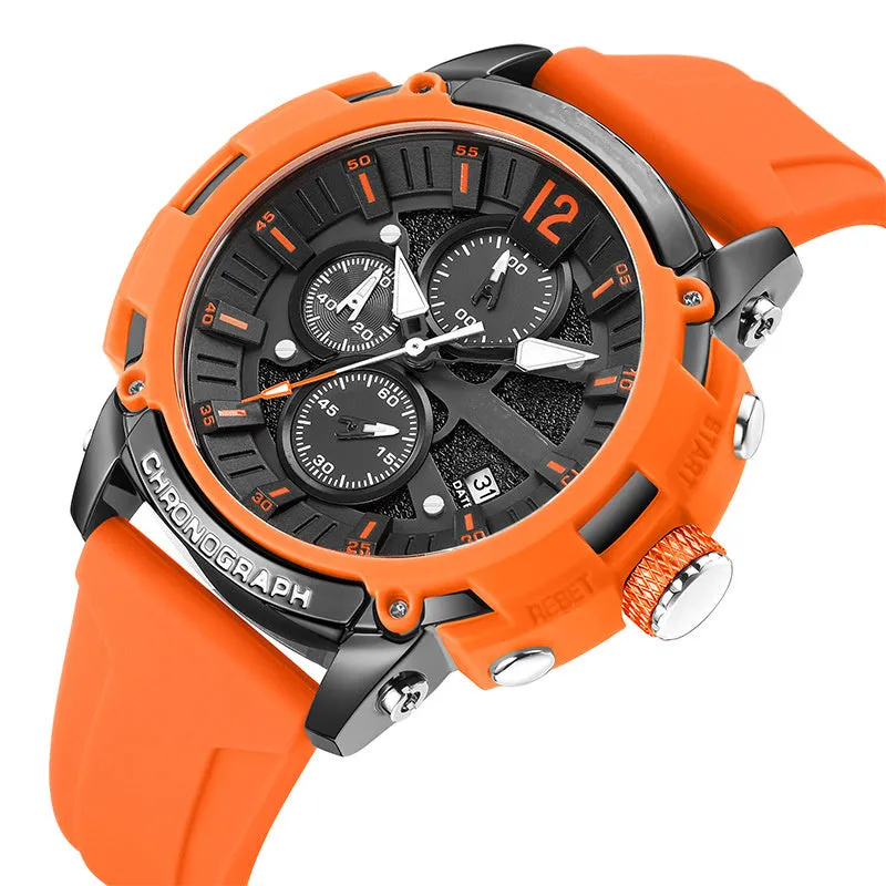 Men's digital quartz watch with a 51mm case, showing luminous display and calendar function, on a coloured band.
