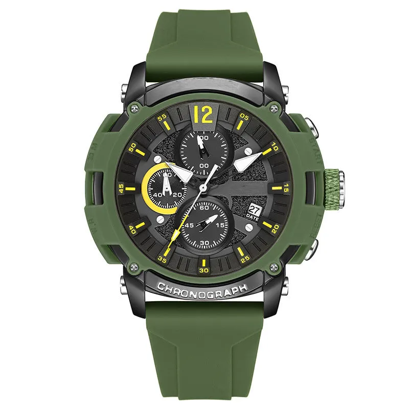 Men's digital quartz watch with a 51mm case, showing luminous display and calendar function, on a coloured band.