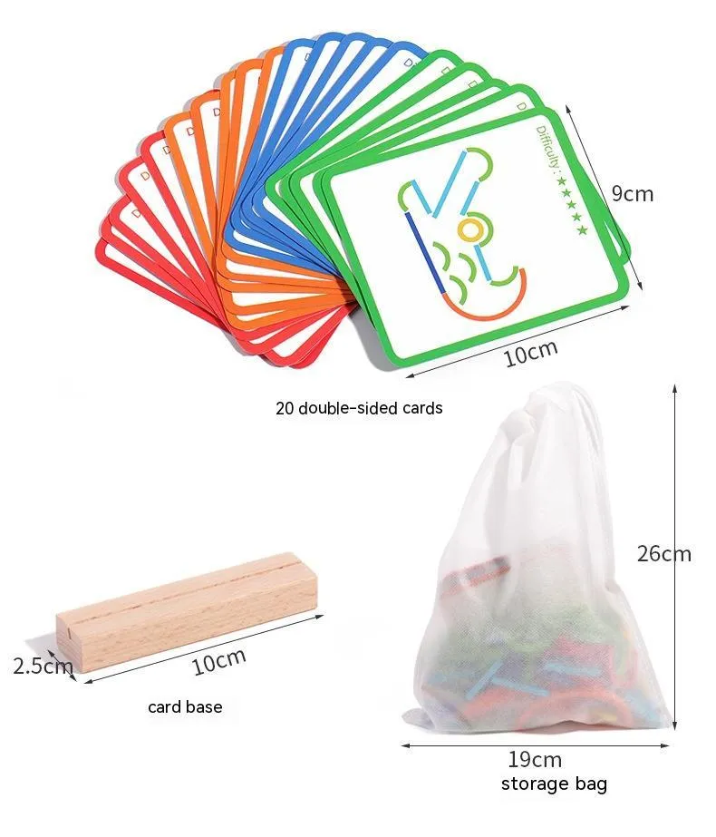Children's wooden thinking training puzzle with creative stick and ring pieces on illustrated board, colour box packaging