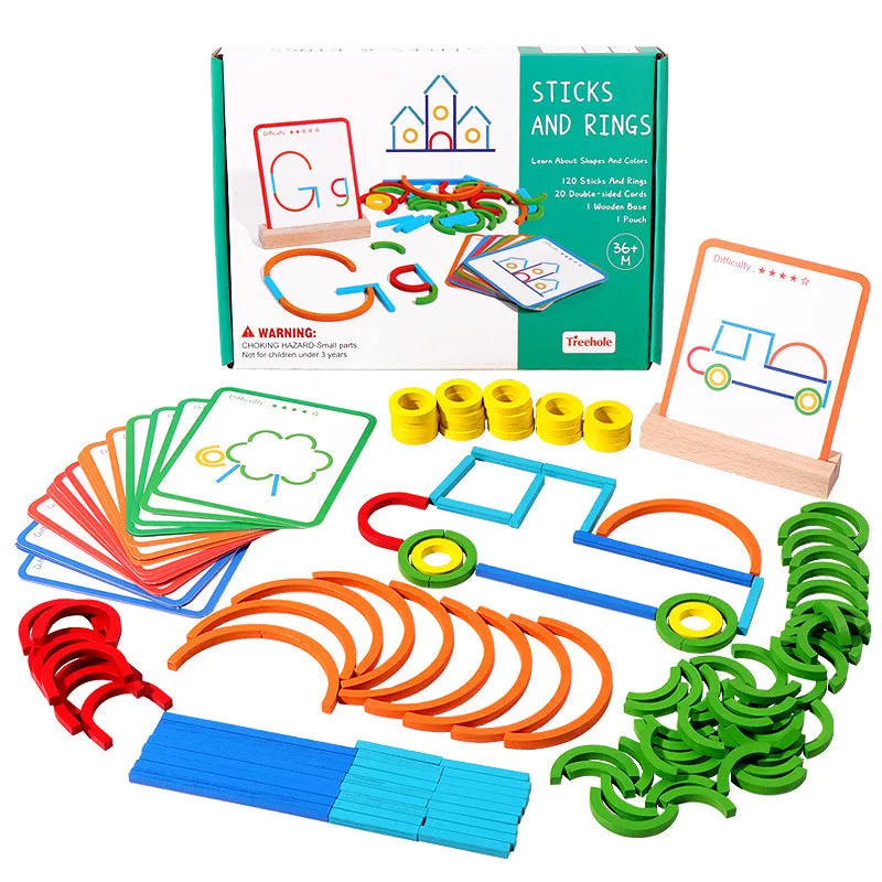 Children's wooden thinking training puzzle with creative stick and ring pieces on illustrated board, colour box packaging