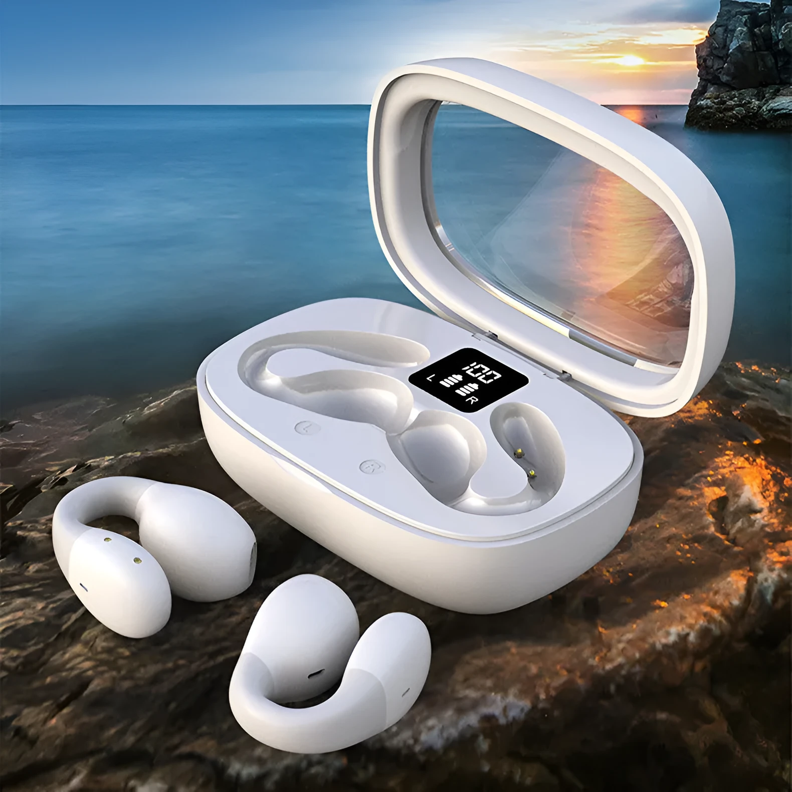 Holographic Acoustic clip-on Bluetooth headset in white with digital display screen and clip attachment