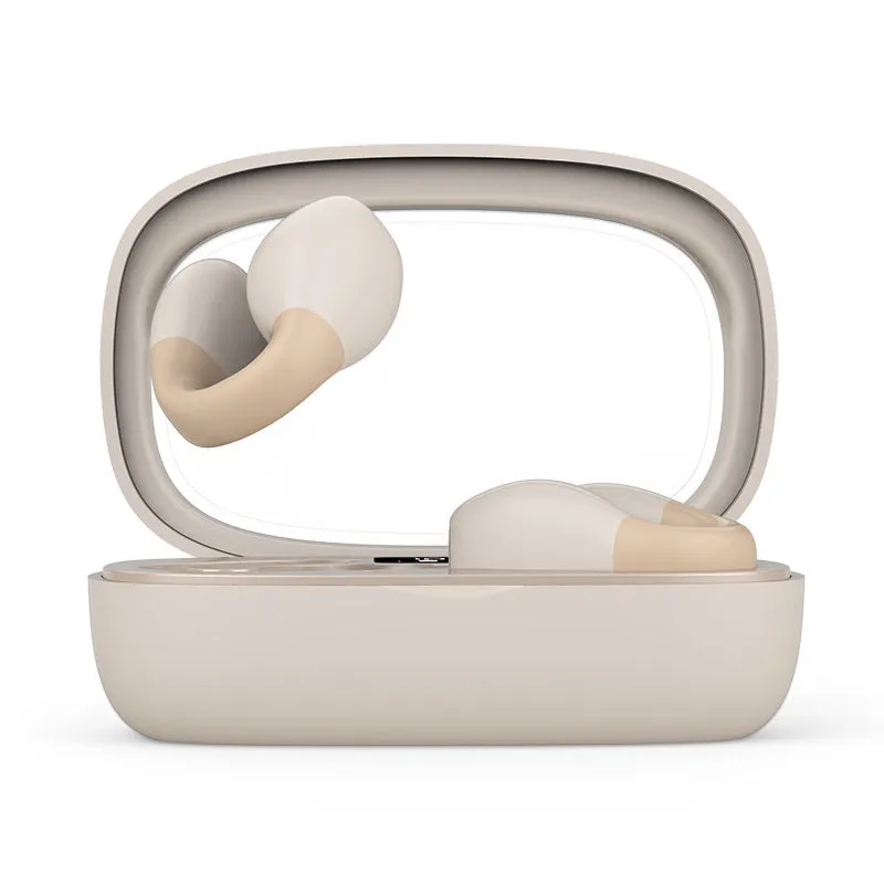 Holographic Acoustic clip-on Bluetooth headset in white with digital display screen and clip attachment