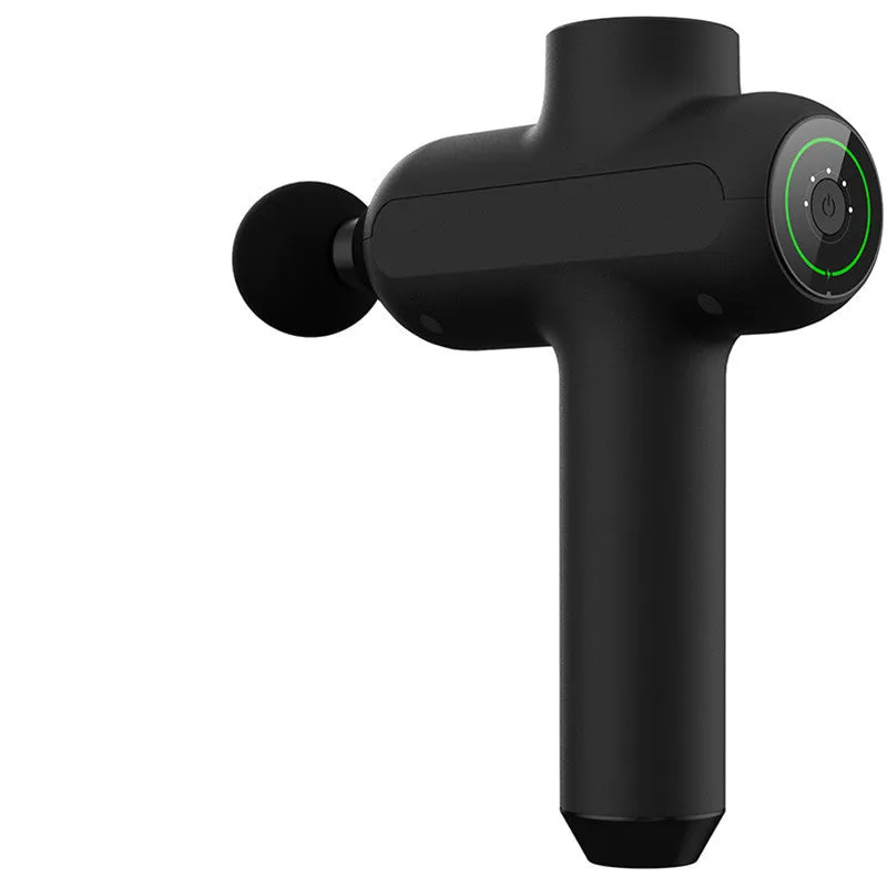 Rechargeable black percussion massage gun with six different coloured massage heads on a grey background.
