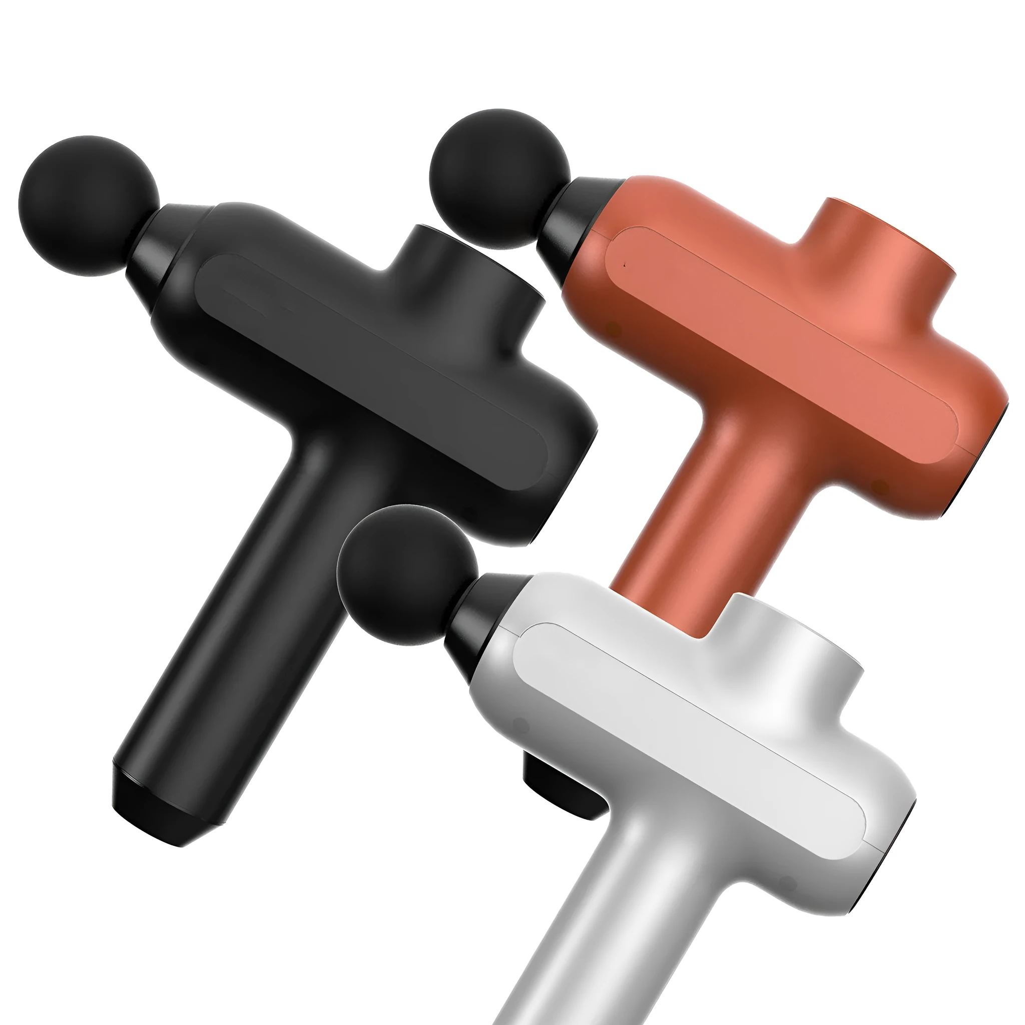 Rechargeable black percussion massage gun with six different coloured massage heads on a grey background.