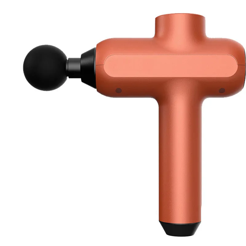 Rechargeable black percussion massage gun with six different coloured massage heads on a grey background.