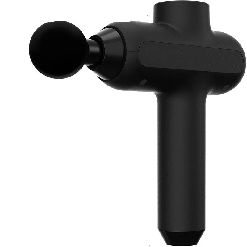 Rechargeable black percussion massage gun with six different coloured massage heads on a grey background.