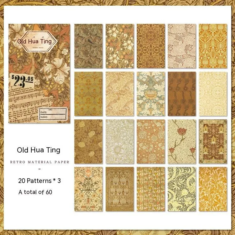Retro artistic decorative base paper set with 60 sheets of cambric paper in 8x13cm size, plastic sealed packaging