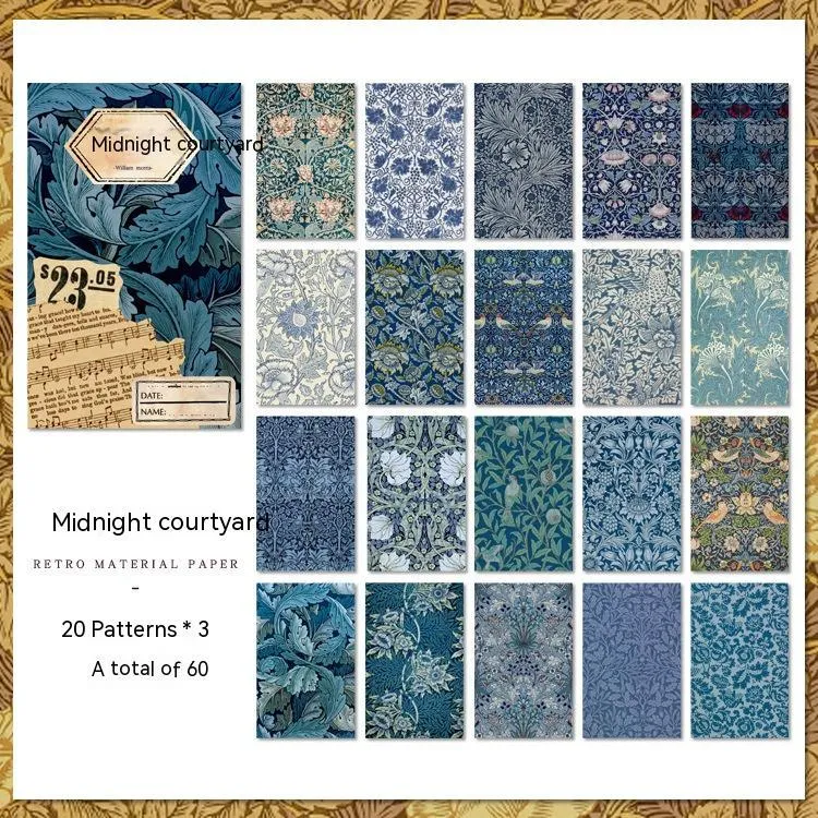 Retro artistic decorative base paper set with 60 sheets of cambric paper in 8x13cm size, plastic sealed packaging