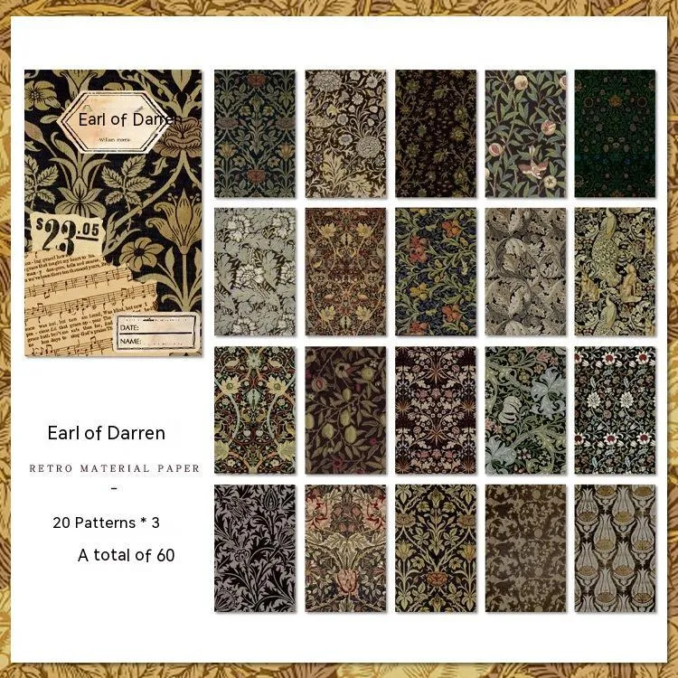 Retro artistic decorative base paper set with 60 sheets of cambric paper in 8x13cm size, plastic sealed packaging