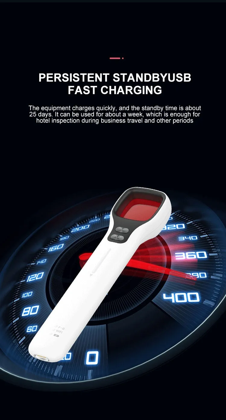 Anti-theft anti-surveillance detector in black, 130x31x13mm, with USB port for charging