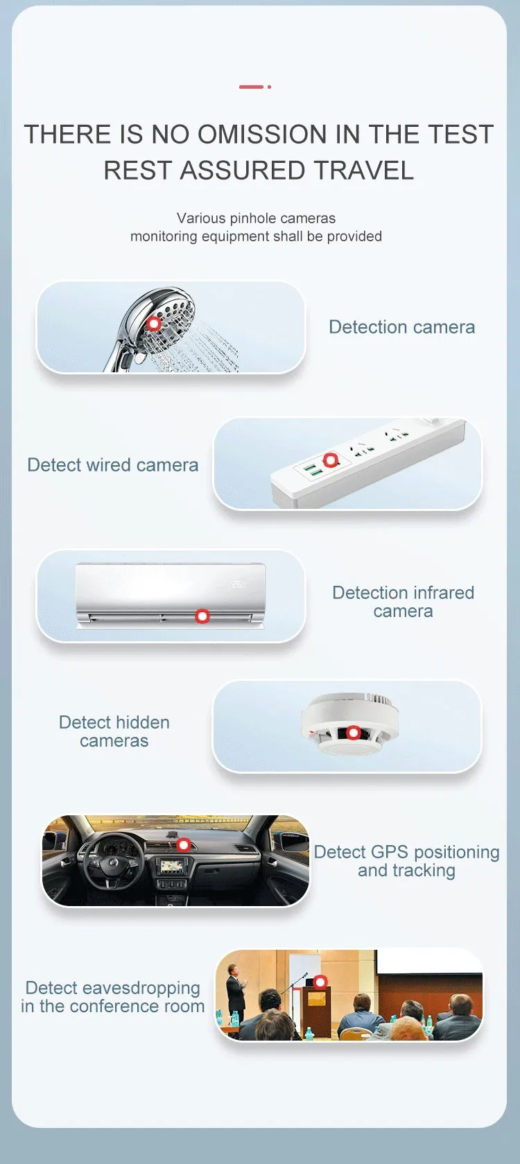 Anti-theft anti-surveillance detector in black, 130x31x13mm, with USB port for charging