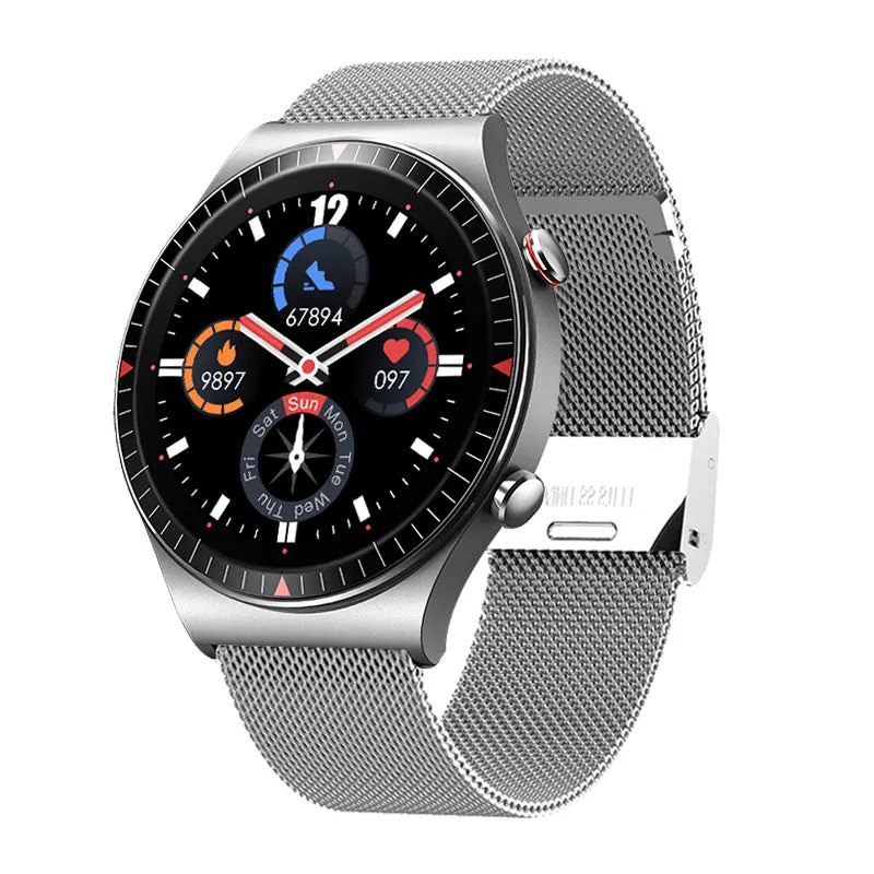 Black Bluetooth smartwatch with metal case on wrist, displaying heart rate on its circular touch screen.