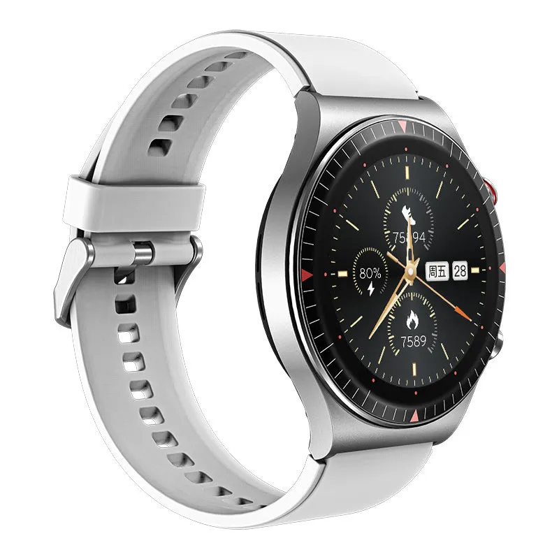 Black Bluetooth smartwatch with metal case on wrist, displaying heart rate on its circular touch screen.