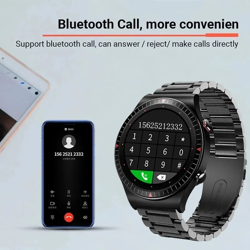 Black Bluetooth smartwatch with metal case on wrist, displaying heart rate on its circular touch screen.