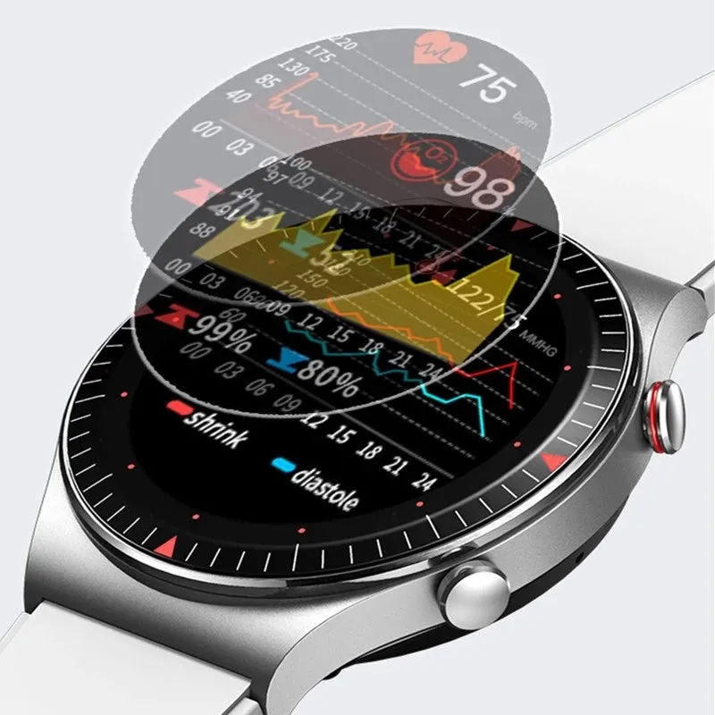 Black Bluetooth smartwatch with metal case on wrist, displaying heart rate on its circular touch screen.
