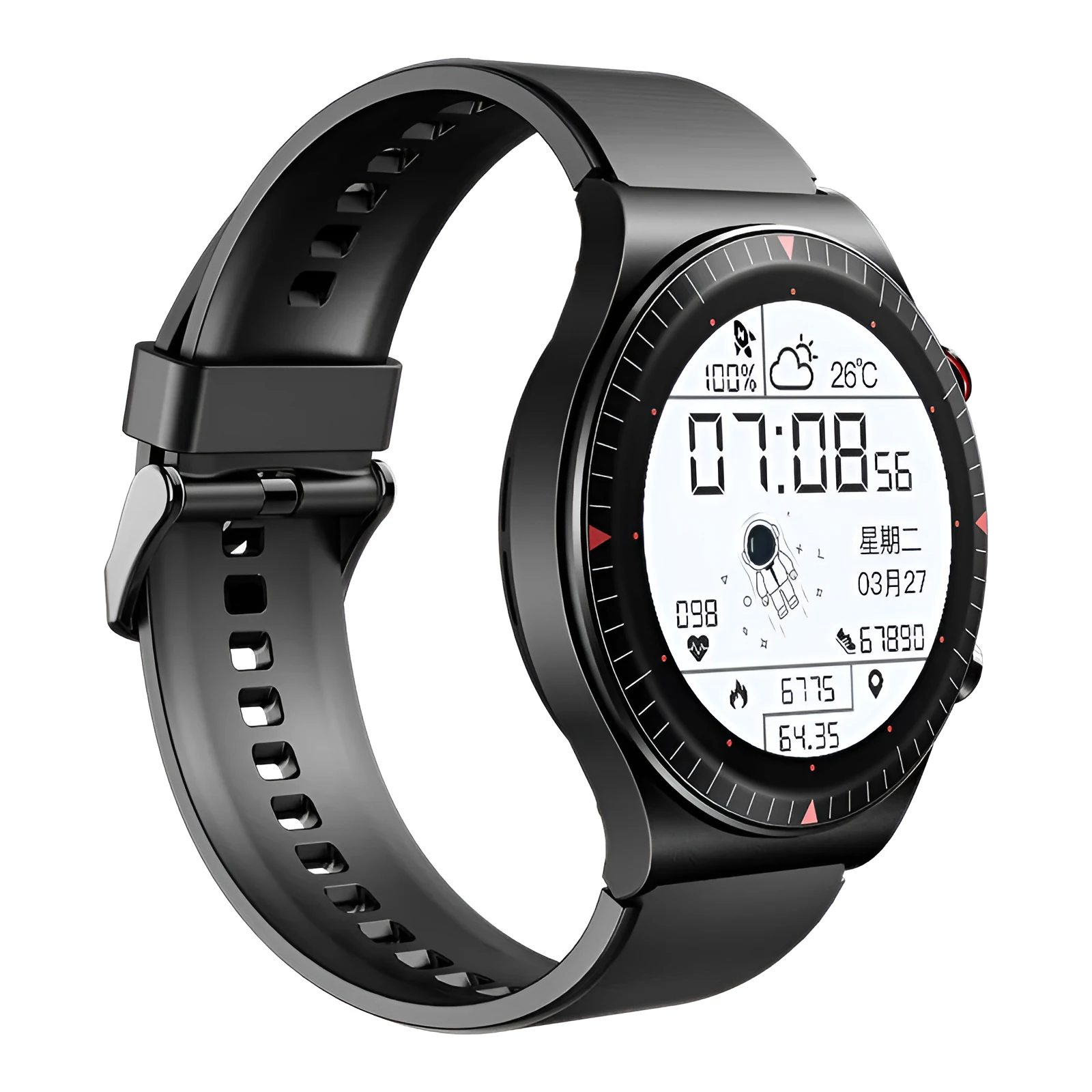 Black Bluetooth smartwatch with metal case on wrist, displaying heart rate on its circular touch screen.