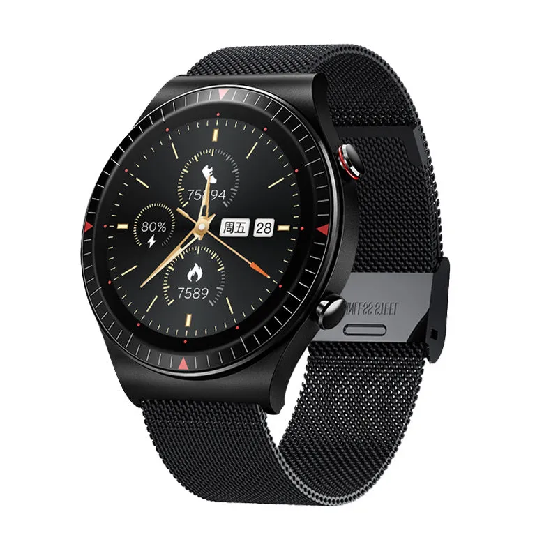 Black Bluetooth smartwatch with metal case on wrist, displaying heart rate on its circular touch screen.