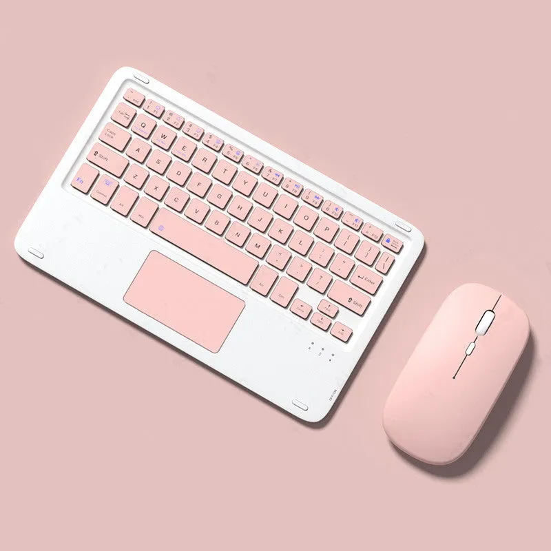 Pink Bluetooth touch keyboard and mute wireless mouse combo with USB charging cable on white background