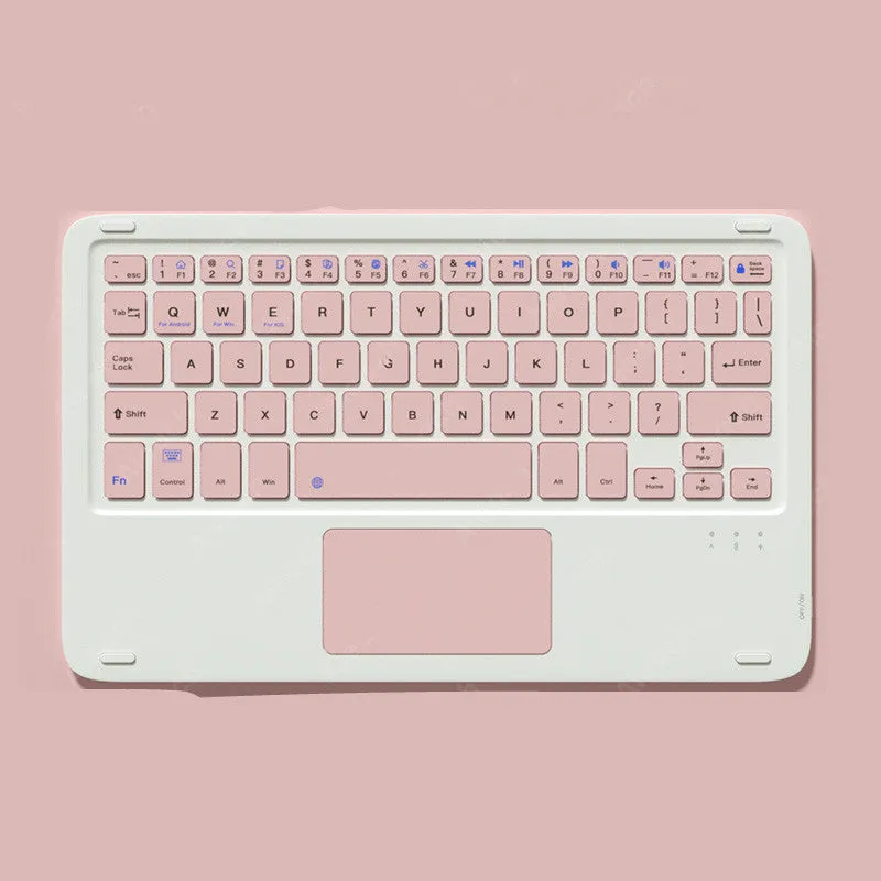 Pink Bluetooth touch keyboard and mute wireless mouse combo with USB charging cable on white background