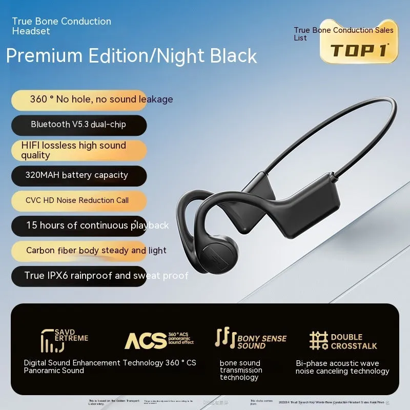 Real bone conduction Bluetooth headset in Black Top Version with ABS material and non-in-ear design