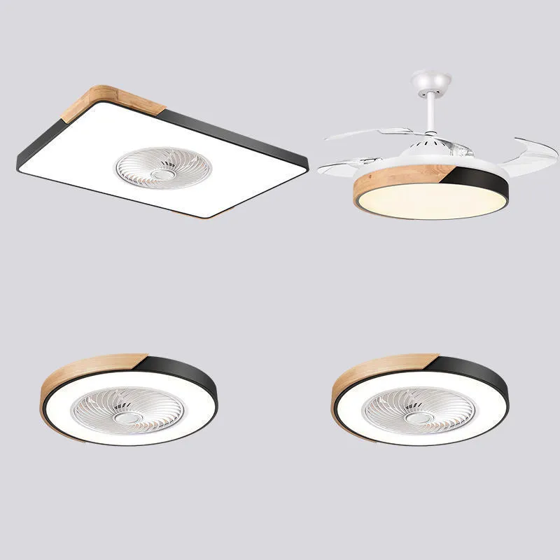 Nordic ceiling fan with integrated light fixture in solid wood, showing rectangular, round, and square shape options.