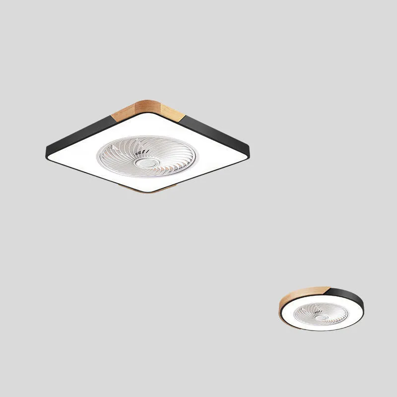 Nordic ceiling fan with integrated light fixture in solid wood, showing rectangular, round, and square shape options.