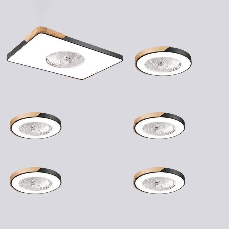 Nordic ceiling fan with integrated light fixture in solid wood, showing rectangular, round, and square shape options.